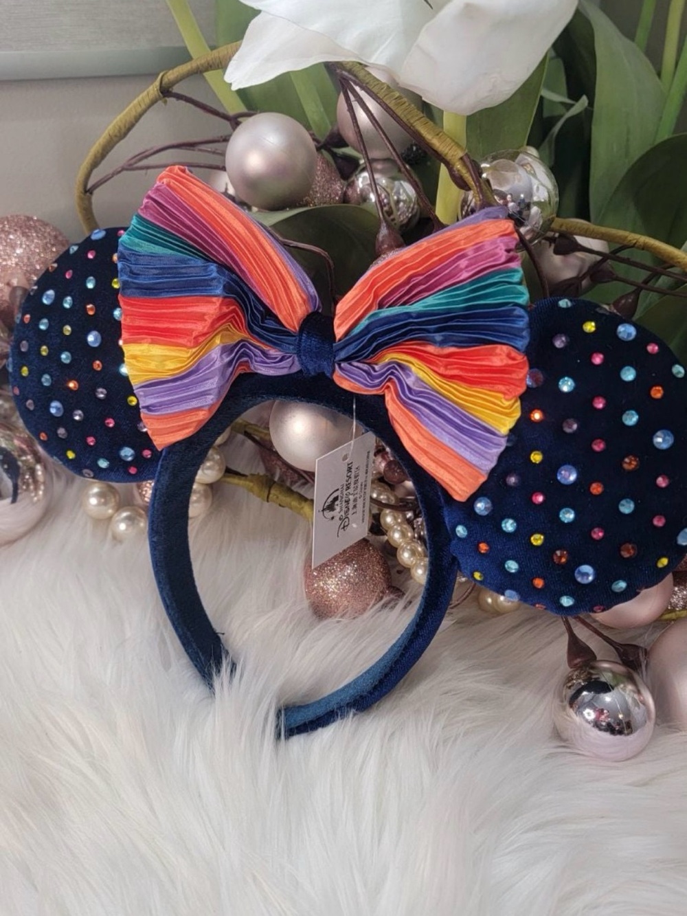 Disney Parks Rainbow Pride Minnie Mouse Ears Blue Velvet Rhinestone NWOT